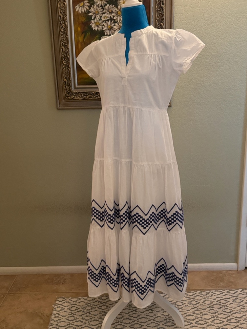 White Maxi Dress with Navy Geometric Hem Embroidery - Women's Maxi